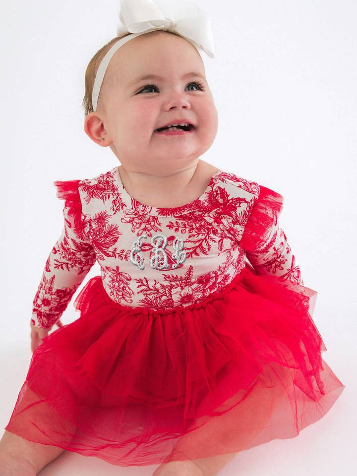 Baby Girls Red Jingle Toile the Way Flutter Tulle Long Sleeve Twirl Romper
 for wholesale by RuffleButts + RuggedButts