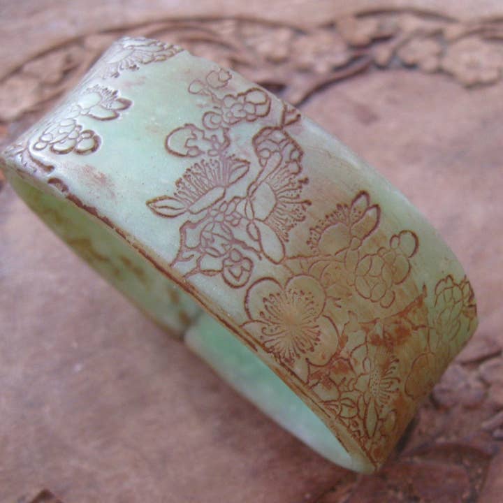 Antique Jade Style Bracelet, Asian Floral Design for wholesale by Tea House Designs
