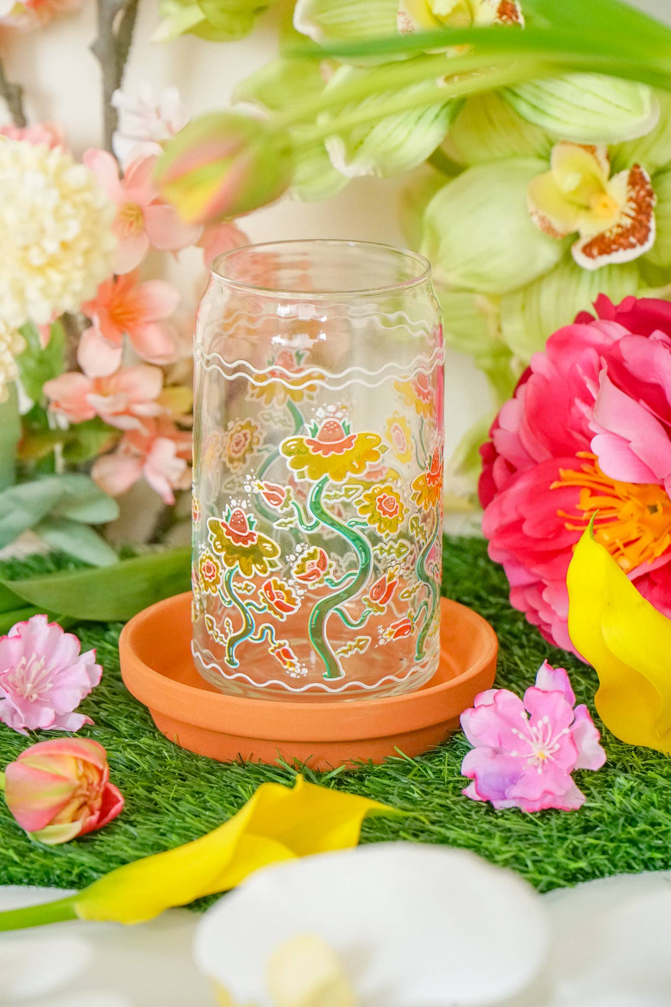 Cheerware - Wholesale Drinking Glass/Cup - Ditsy Daisy 16oz Can Glass | Stained Glass Flower Design0