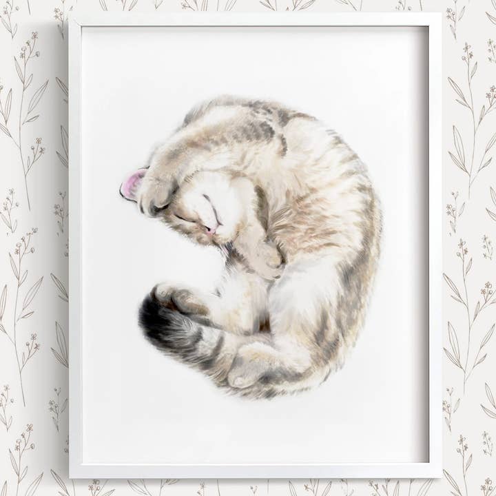 Cuddly Tabby Cat Watercolor Painting, Home Wall Decor,Grey n White Kitten Lover Art Print, Crazy Cat Lady Gift, British Shorthair Cat Mom for wholesale by Triple Studio