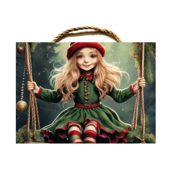 Wood Sign Christmas Elf on Swing for wholesale by Ron Knight Entertainment, LLC