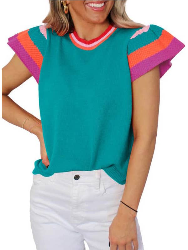 Lovesoft - Wholesale Knit Sweater - Women's - Crew Neck Knitted Top Contrasting Color Sweet Short-sleeved Sweater