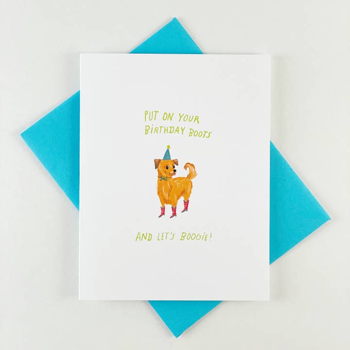 Put On Your Birthday Boots and Let's Boogie Greeting Card for wholesale by Kendra Lee Miller Art