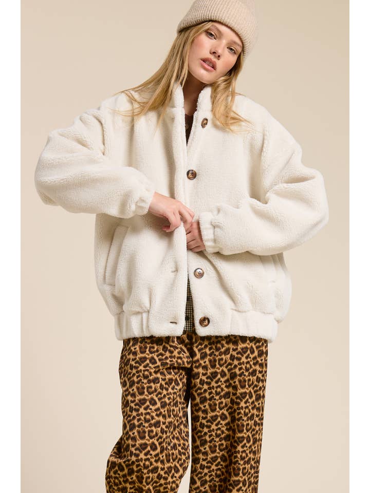 Mimosa - Vente Veste – femme - Veste surdimensionnée en sherpa peluche avec boutons7
