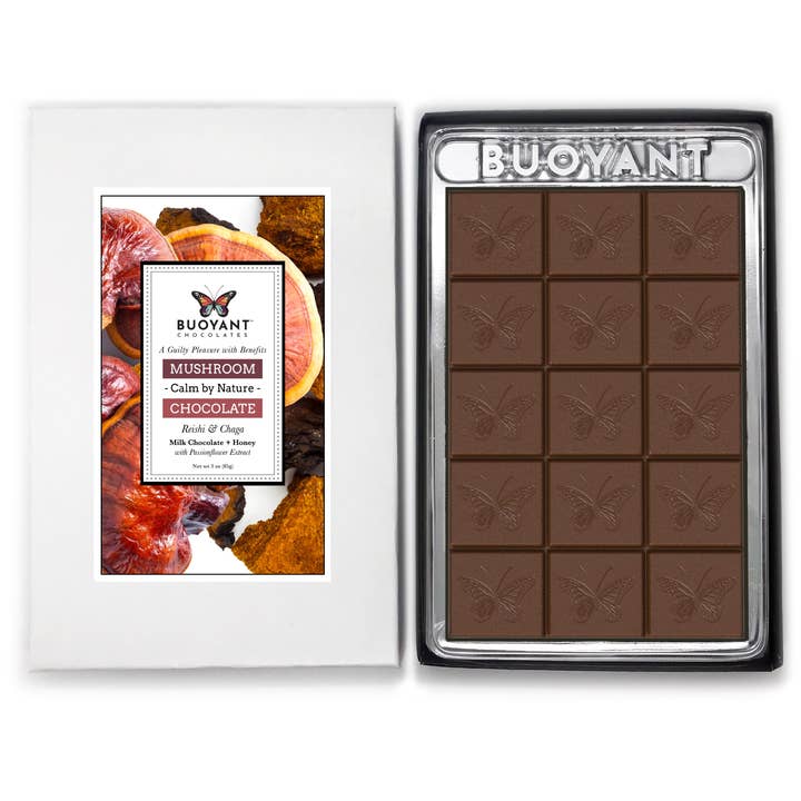 CALM BY NATURE: Reishi & Chaga Mushroom Chocolate Bars for wholesale by Buoyant Chocolates & Confections