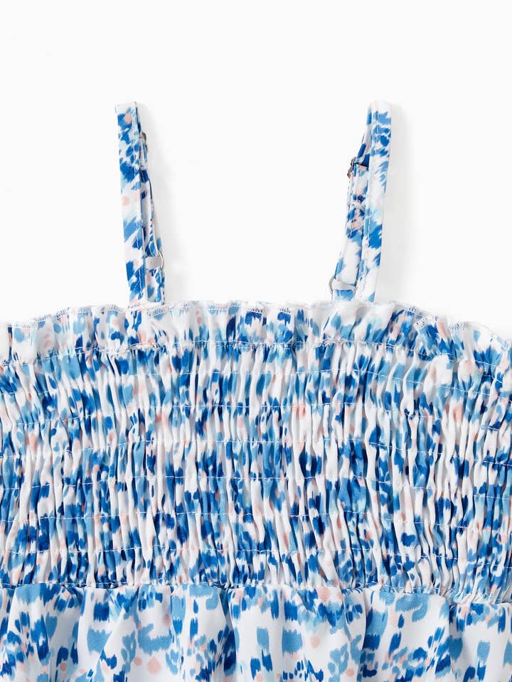 Baby Girl Blue Floral Ruffle Hem Strap Romper for wholesale on Faire