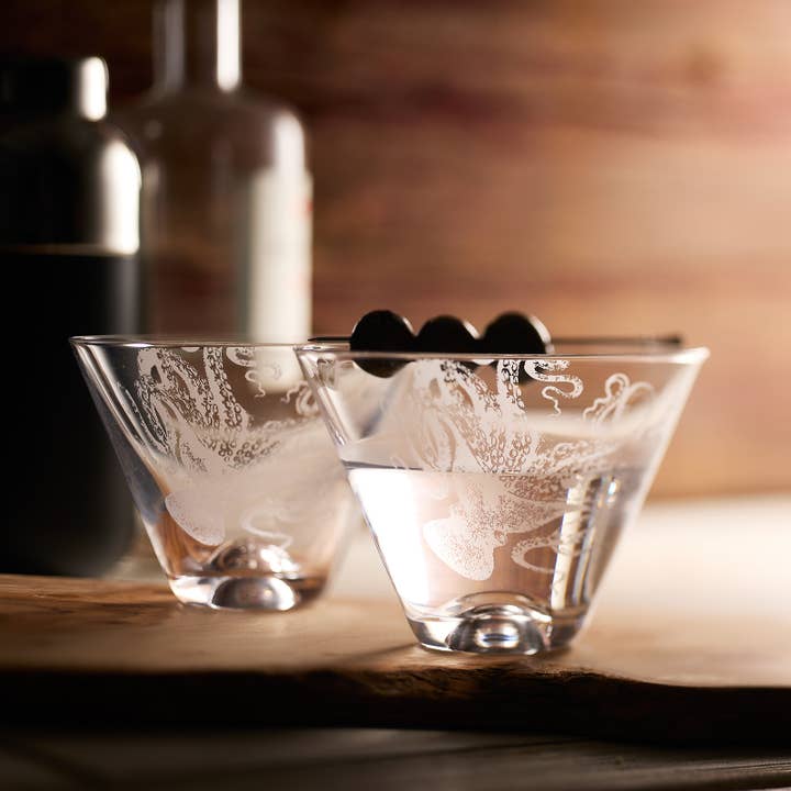 Caskata - Wholesale Cocktail/Liquor Glass - Lucy the Octopus Stemless Martini Glasses, Set of 2