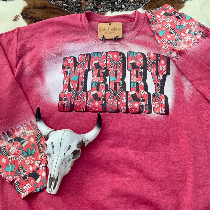 Ranchy Roan Boutique - Wholesale Graphic Sweatshirt - Women's - Merry & Ranchy Christmas Bleached Western Sweatshirt2