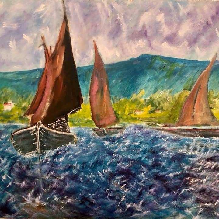 Peinture à l'huile originale « Galway Hookers » pour la vente par Gerard Hegarty Original Artist