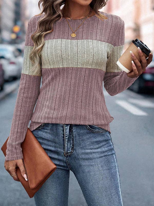 Basis Fancy - Wholesale Knit top – Women's - Long Sleeves Loose Contrast Color Round-Neck T-Shirts Tops15