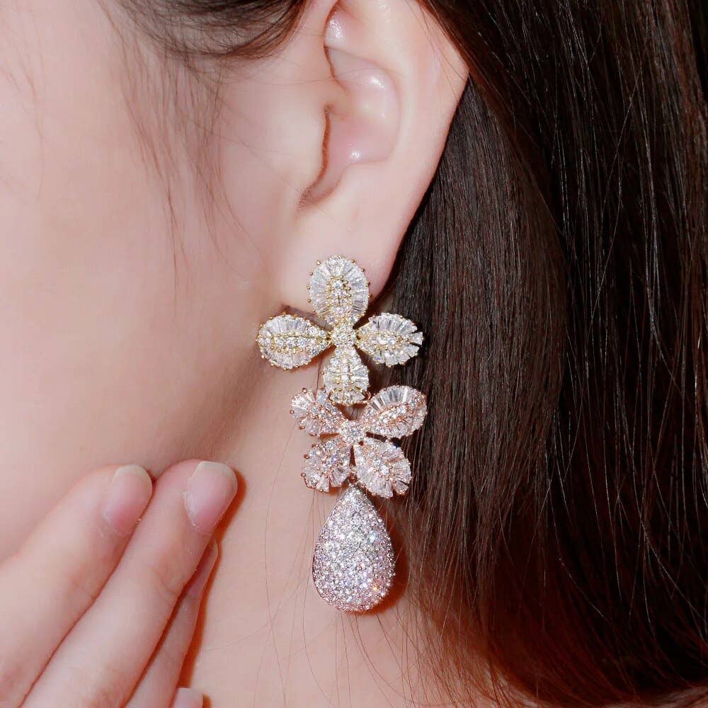 Nicholls Jewellery – wholesale Dangle earrings – Gold, Rose Gold and Silver Crystal Flower earrings4
