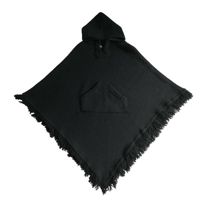 ECUALAMA – wholesale Poncho – Unisex – Surfers Poncho with hood and pocket llama wool - BLACK7
