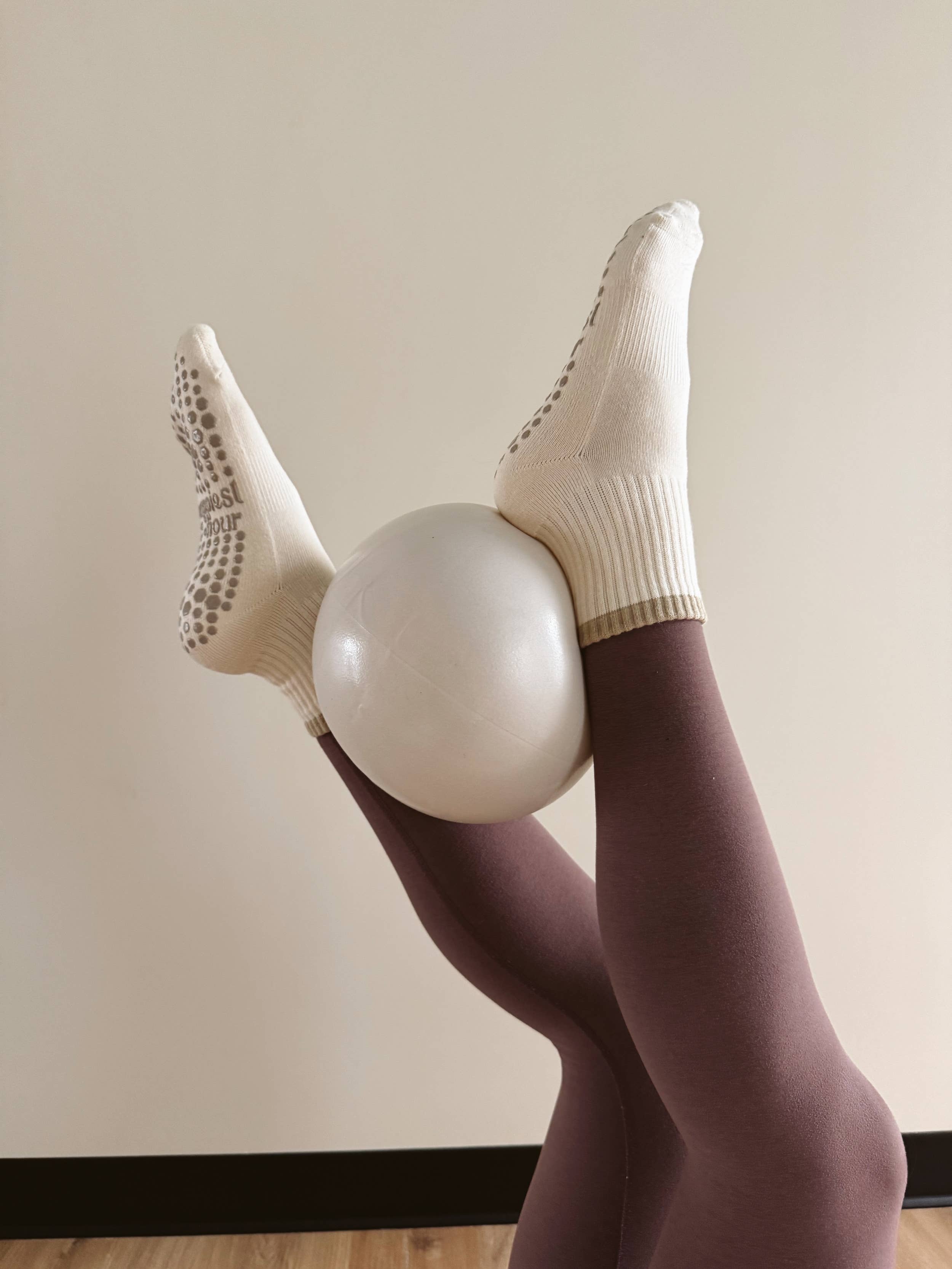 Happiest Hour - Wholesale Socks - Women's - Cream with Tan Stripe Pilates Grip Sock2