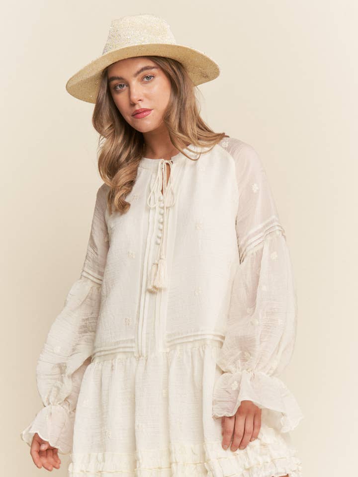 Floral Embroidered Long Sleeve Tassle Dress for wholesale by J.NNA