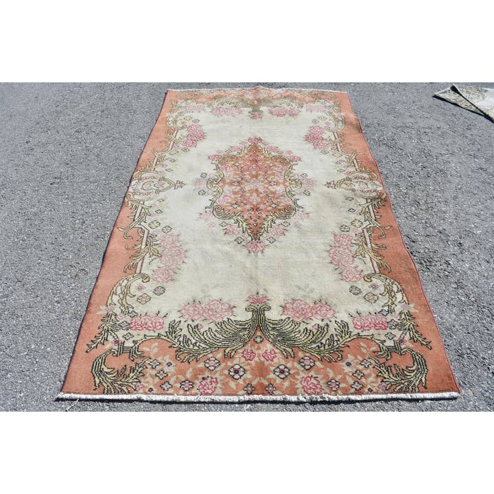 Vintage Striped & Floral Wool Rug - Beige & Pink Classic for wholesale by The Loom Wholesale