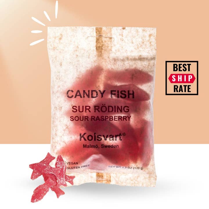 Casacella Foods - Wholesale Gummy - Kolsvart Sur Roding Sour Raspberry Candy Fish oz (125 g)