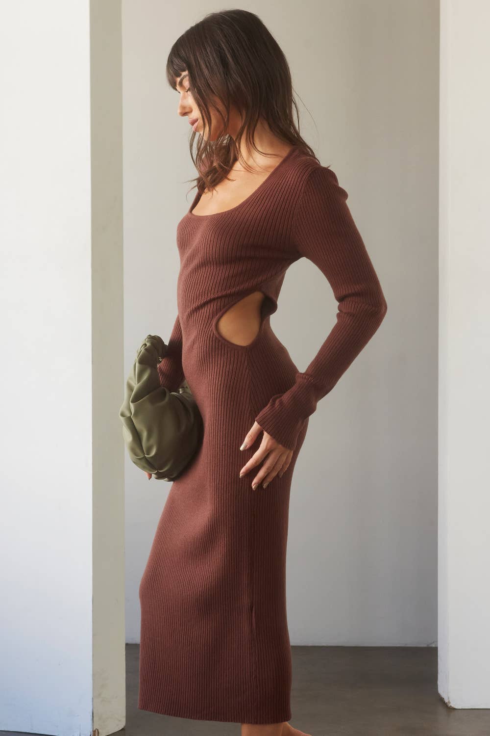 CHOCO BROWN CD7591 - Bernie Side Cut-out Knit Midi Dress for wholesale on Faire