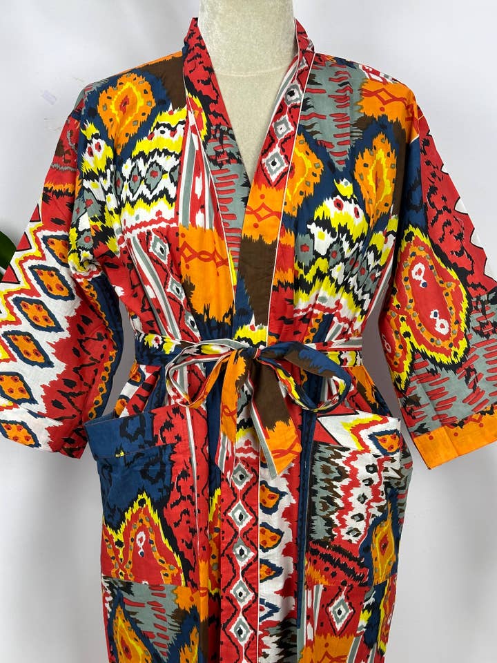 The Eastern Loom – Großhandel Bademantel – Damen – Boho House Bademantel-Kimonokleid aus Baumwolle mit Handblockdruck