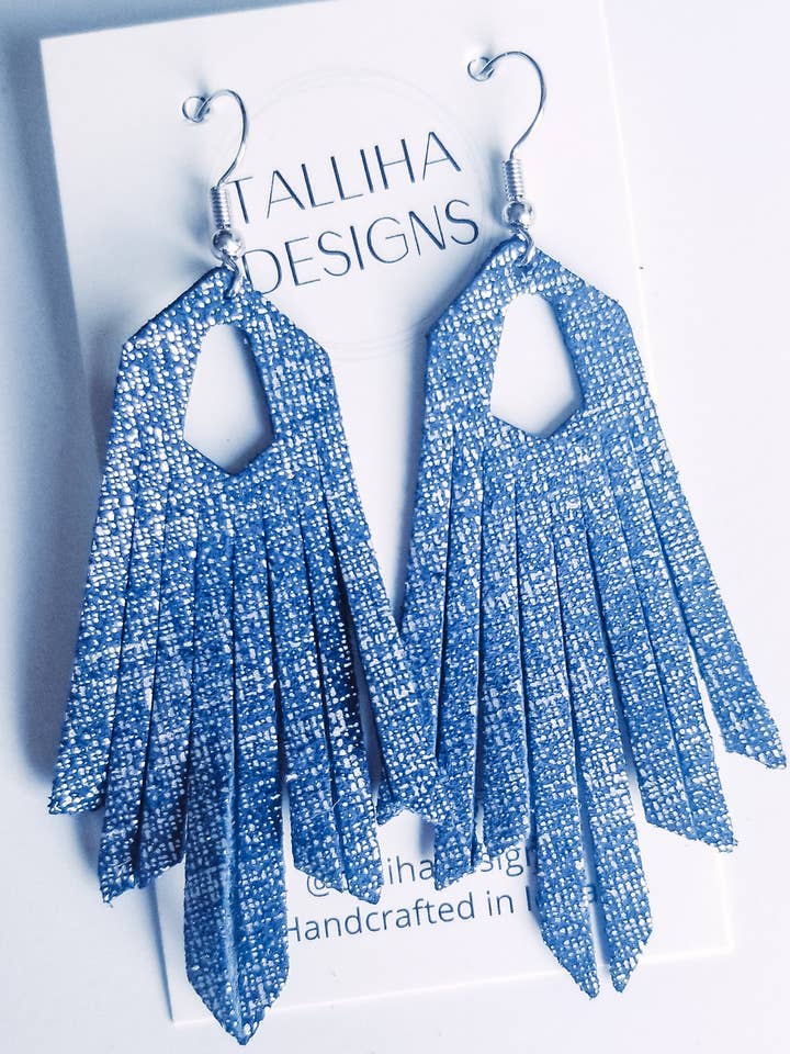 Silver Denim Genuine Leather Western Fringe Earrings for wholesale by Talliha Designs