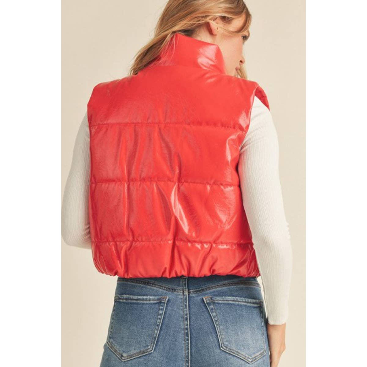 Timeless - Wholesale Outerwear Vest - Women's - FAUX PATENT PU HIGH NECK ZIP UP PUFFER VEST4