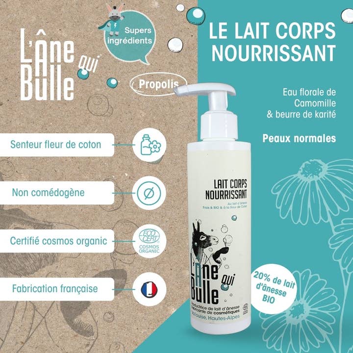 Nourishing body milk with fresh and organic donkey milk and cotton flower for wholesale by L'Âne Qui Bulle