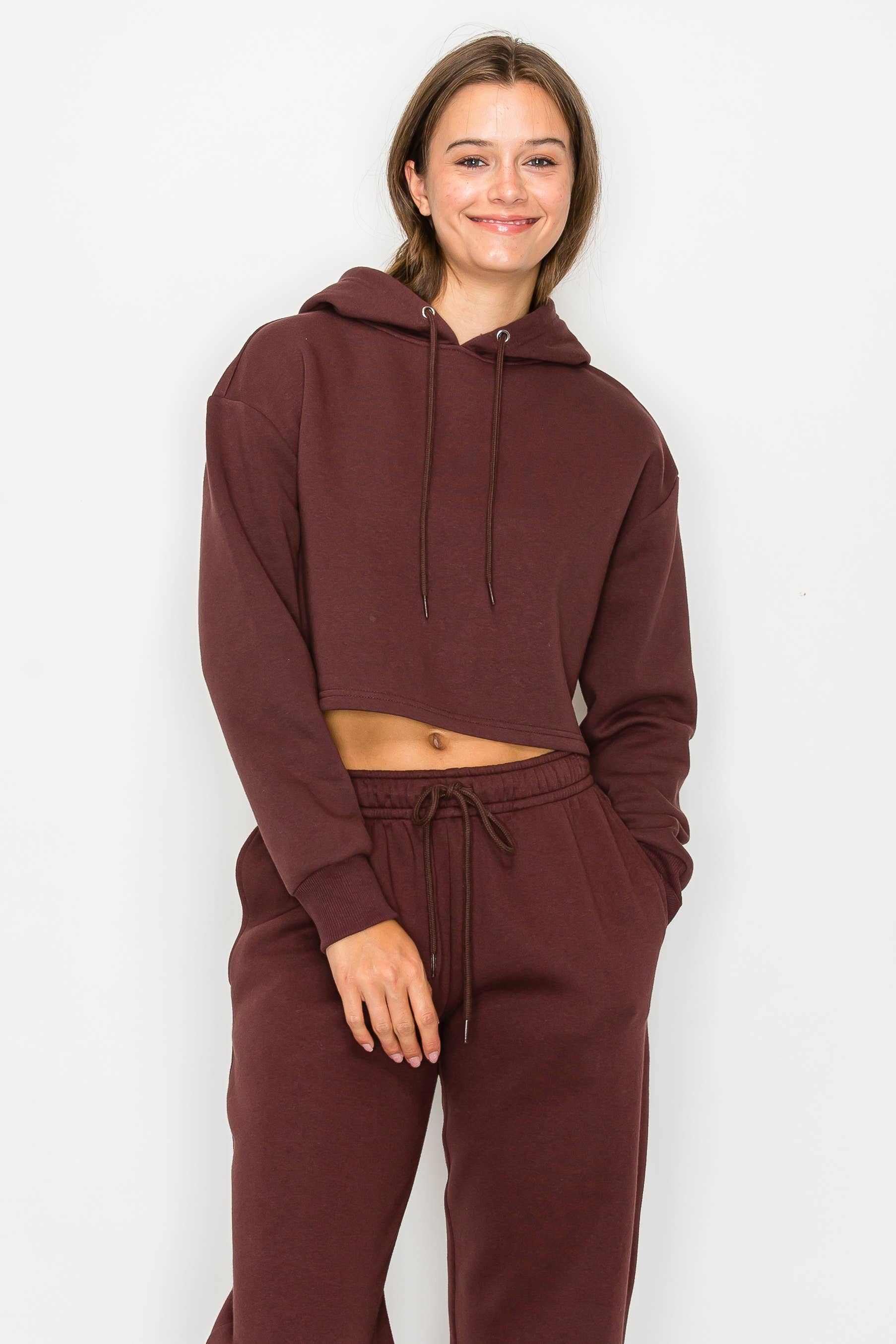 Color 5 - Wholesale Hoodie - Women's - Solid color fleece lined crop pull over hoodie jacket 4