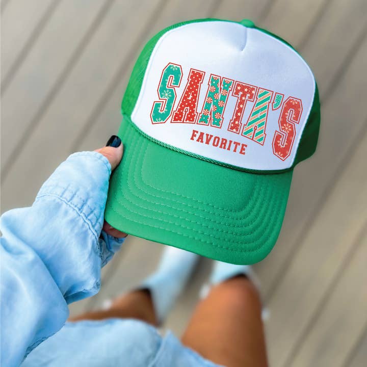 Santas Favorite DTF Printed Green and White Trucker Hat for wholesale by Southern Attitude Designs Inc