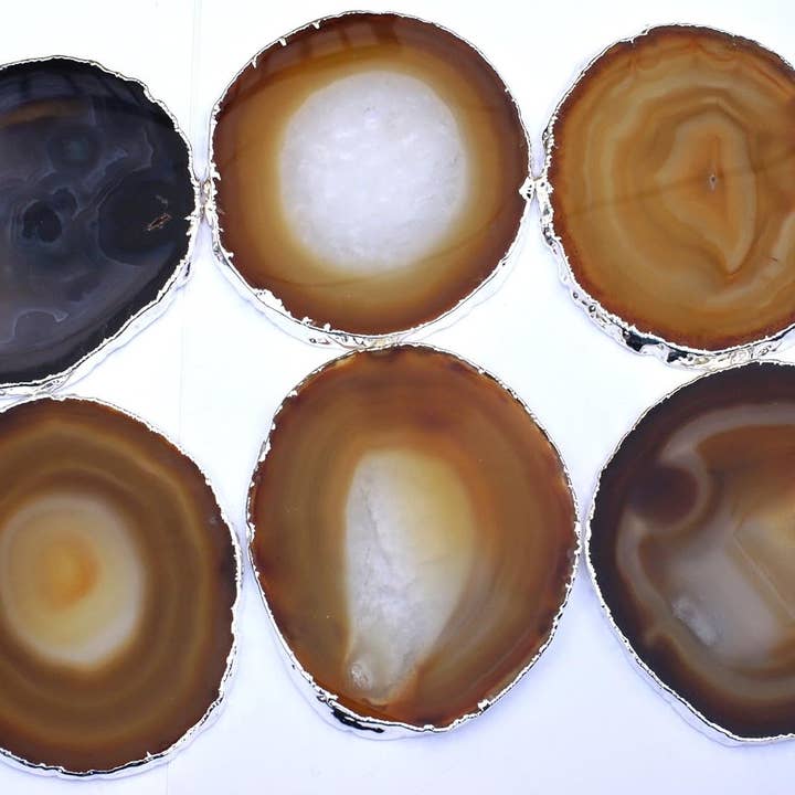 Crystal Deal - Wholesale Coasters - Natural Agate 8-10CM Coasters Silver Plated Set of 60