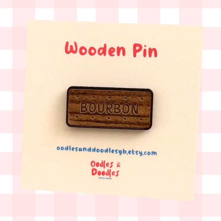 Bourbon Biscuit Wooden Pin: Eco-Friendly MDF Brooch for wholesale by Oodles & Doodles