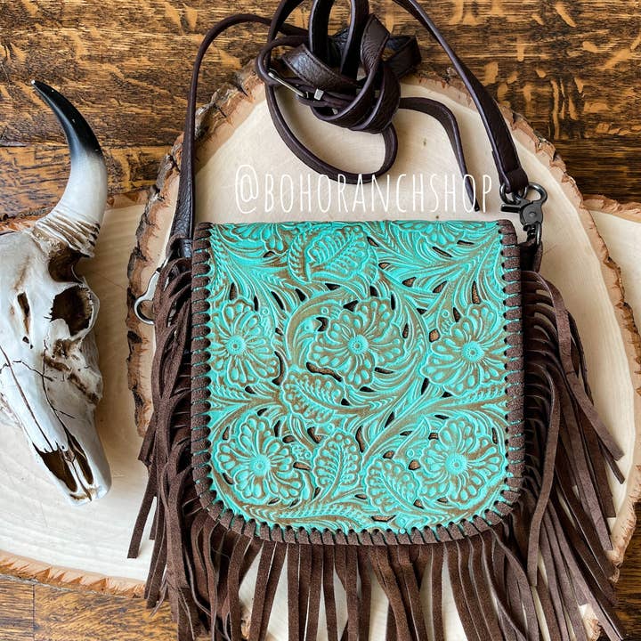 Boho Ranch Shop - Wholesale Crossbody Bag - Women's - THE LEXIE CROSSBODY- DISTRESSED TURQUOISE- Laser Cut Purse0