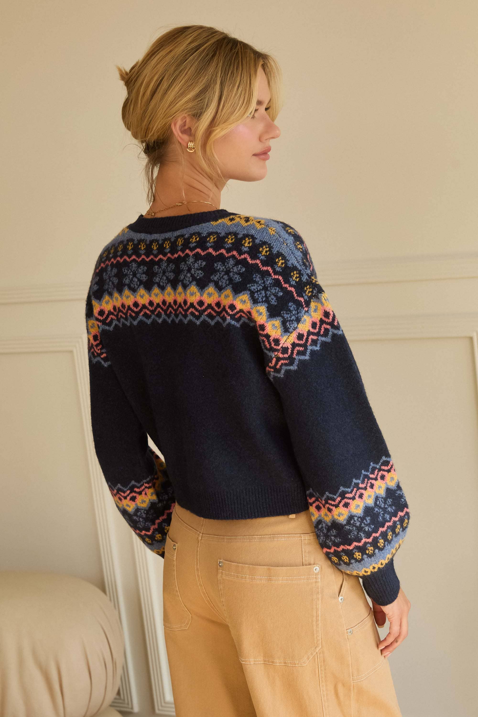 Navy Multi Fair Isle Intarsia Sweater Knit Cardigan for wholesale on Faire3
