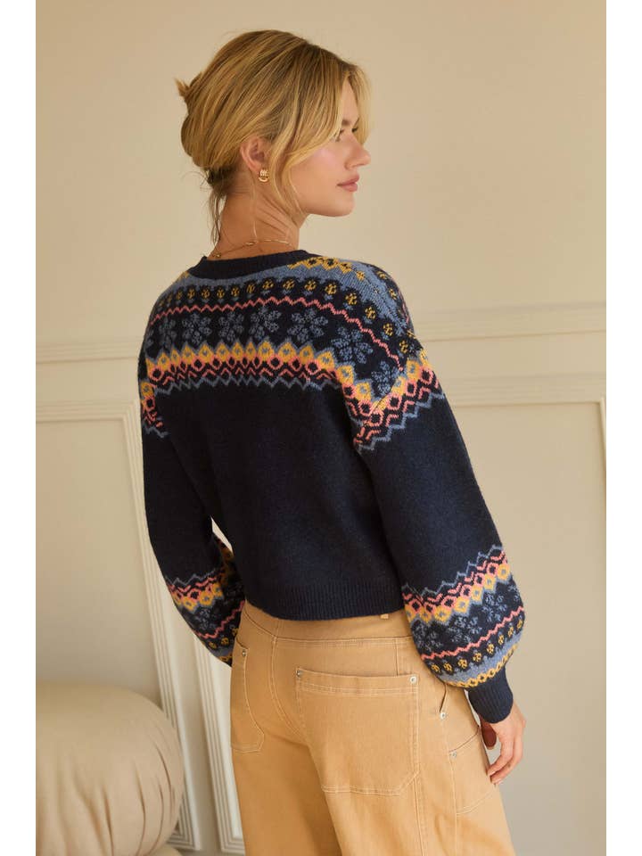 Navy Multi Fair Isle Intarsia Sweater Knit Cardigan for wholesale on Faire3
