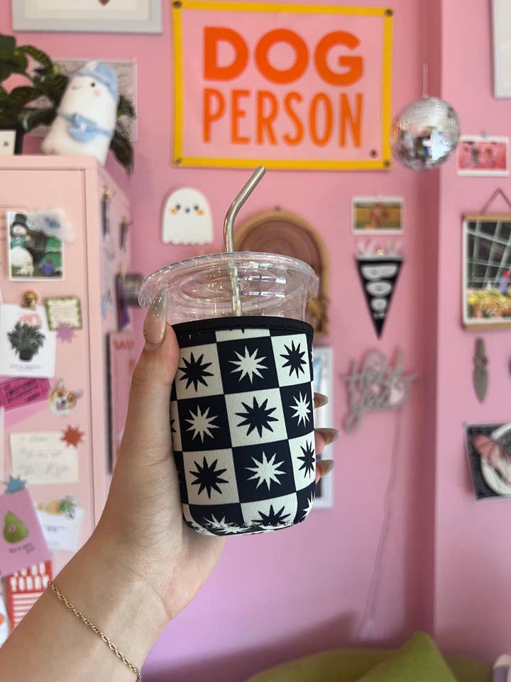 Black Star Checkered Coffee Sleeve for wholesale by Jollie Ollie Designs