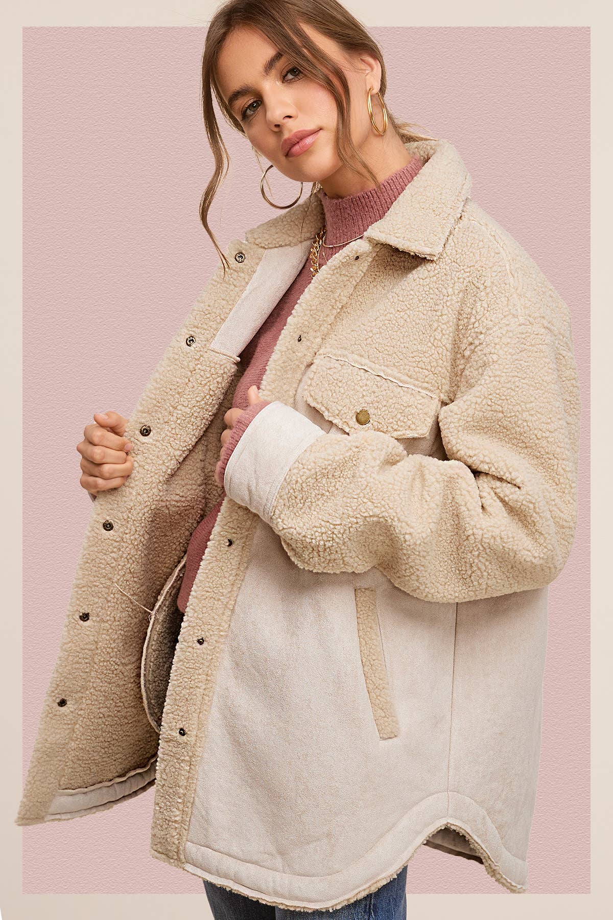 La Miel - Vente Veste – femme - JKT1790 - Veste boutonnée surdimensionnée en faux daim avec poches18