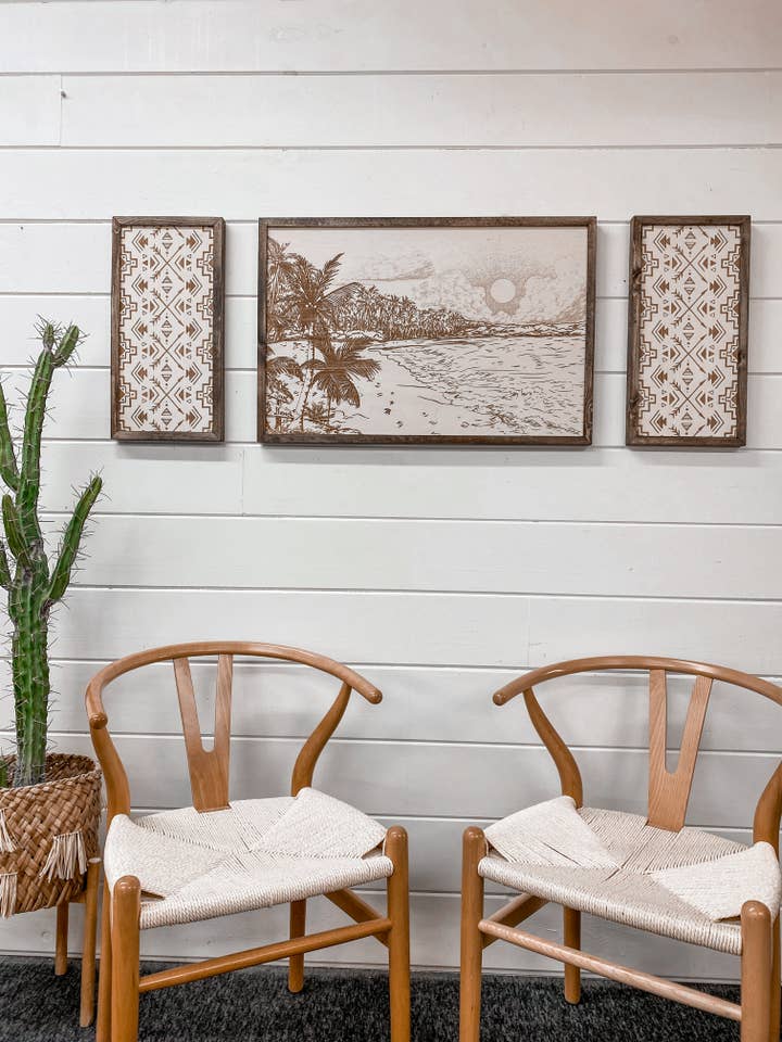 3 Piece Hand Sketched Punalu'u Beach with Aztec Wood Artwork for wholesale by Birch and Home Handmade