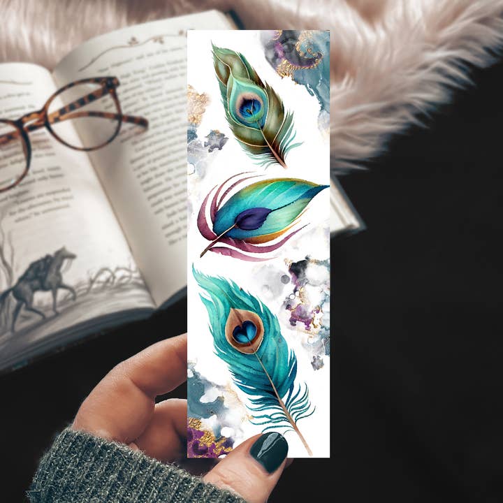Peacock Feather Watercolor Bookmark for wholesale by Mirkwood Scribes