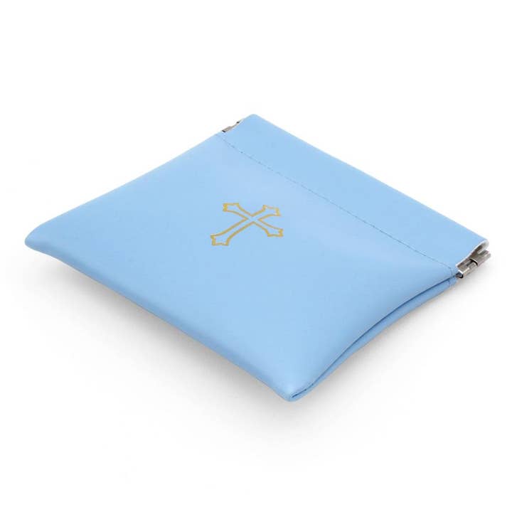 RM Trading - Wholesale Pouch - Unisex - Squeeze Top Rosary Pouch Light Blue Faux Leather w/Imprint1