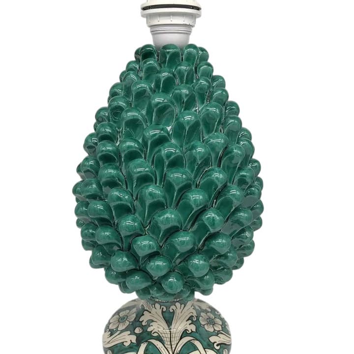 DD Ceramiche Siciliane - Vendita all'ingrosso Lampada da scrivania/d'accento - Lampada Pigna Ceramica Caltagirone cm H.30 Artigianale Verde Cristallo Base Decorata