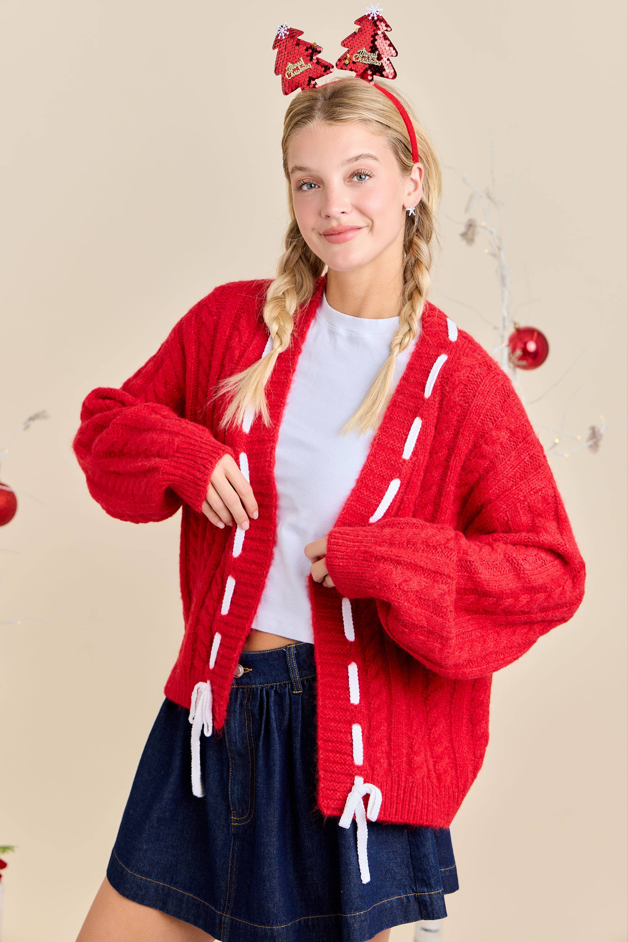 Main Strip - Vente Cardigan – femme - Cardigan en maille torsadée avec ruban de fête – Prêt à expédier en superposition14