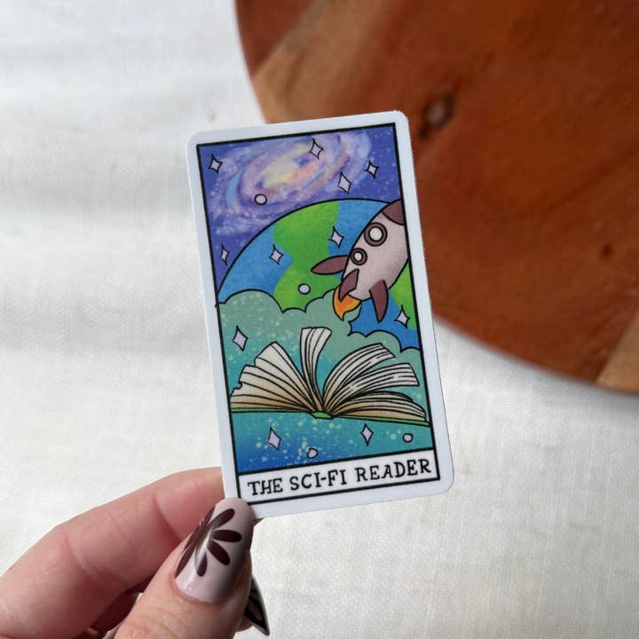 The Sci-Fi Reader Book Tarot Card Sticker for wholesale by Big Moods