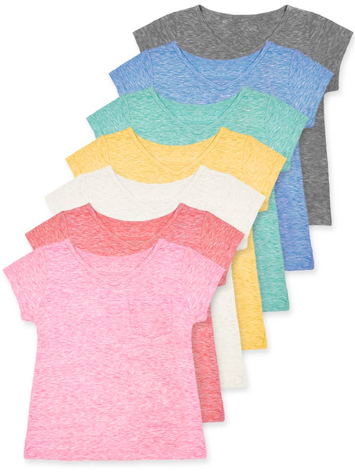 T-shirt uni à col en V pour fille GKT-16812A en mélange chiné. pour la vente par Cutie Patootie Clothing