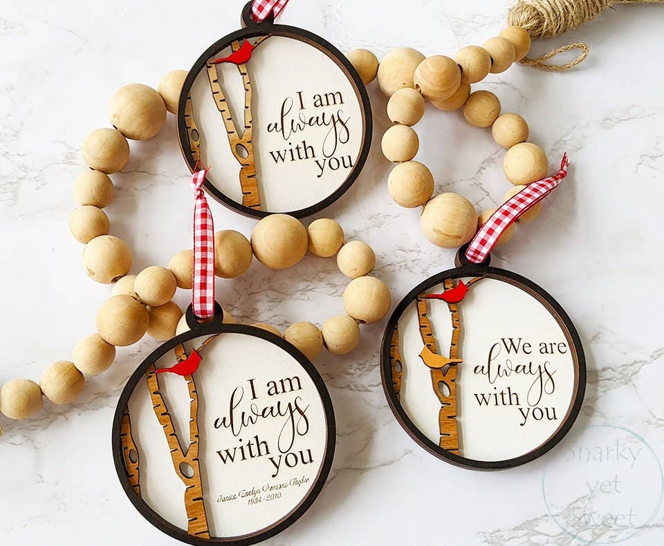 Roots & Routes Co - Wholesale Ornament - I am always with you ornament, cardinal ornament, memorial ornaments personalized, grief gift cardinal wood design, heaven ornament9