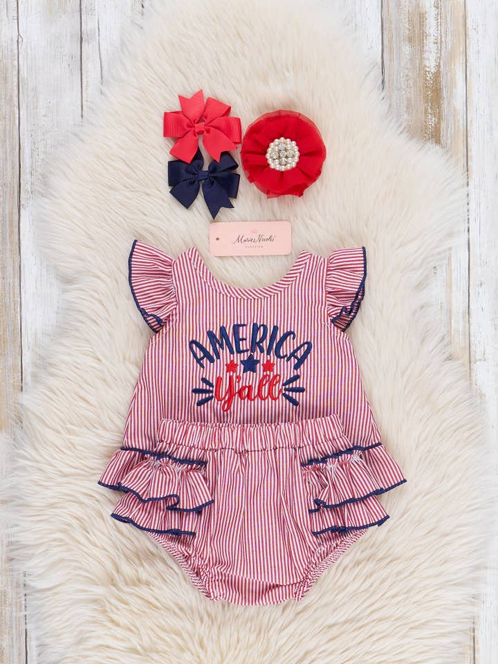 Marie Nicole Clothing - Wholesale Clothing Set - Baby - Red "America, Y'all" Bloomers Outfit
