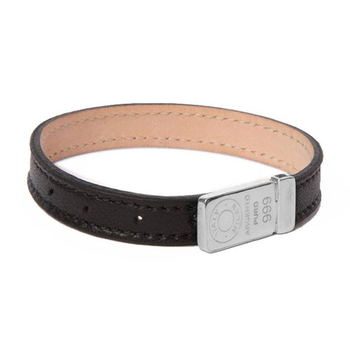 Bracelet argenté en cuir noir pour femme pour la vente par Lingot d'Amour