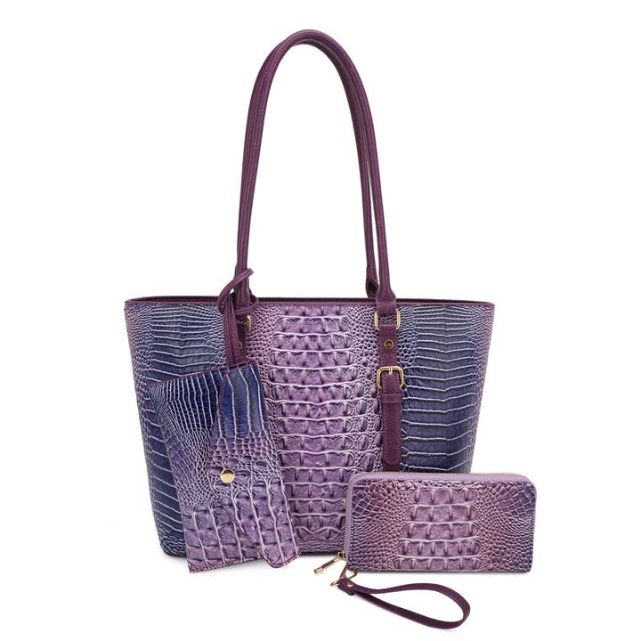 KAYLA+AVA - Wholesale Tote Bag - Women's - CELESTINE CROC EMBOSSED OMBRE 3 IN 1 TOTE SET