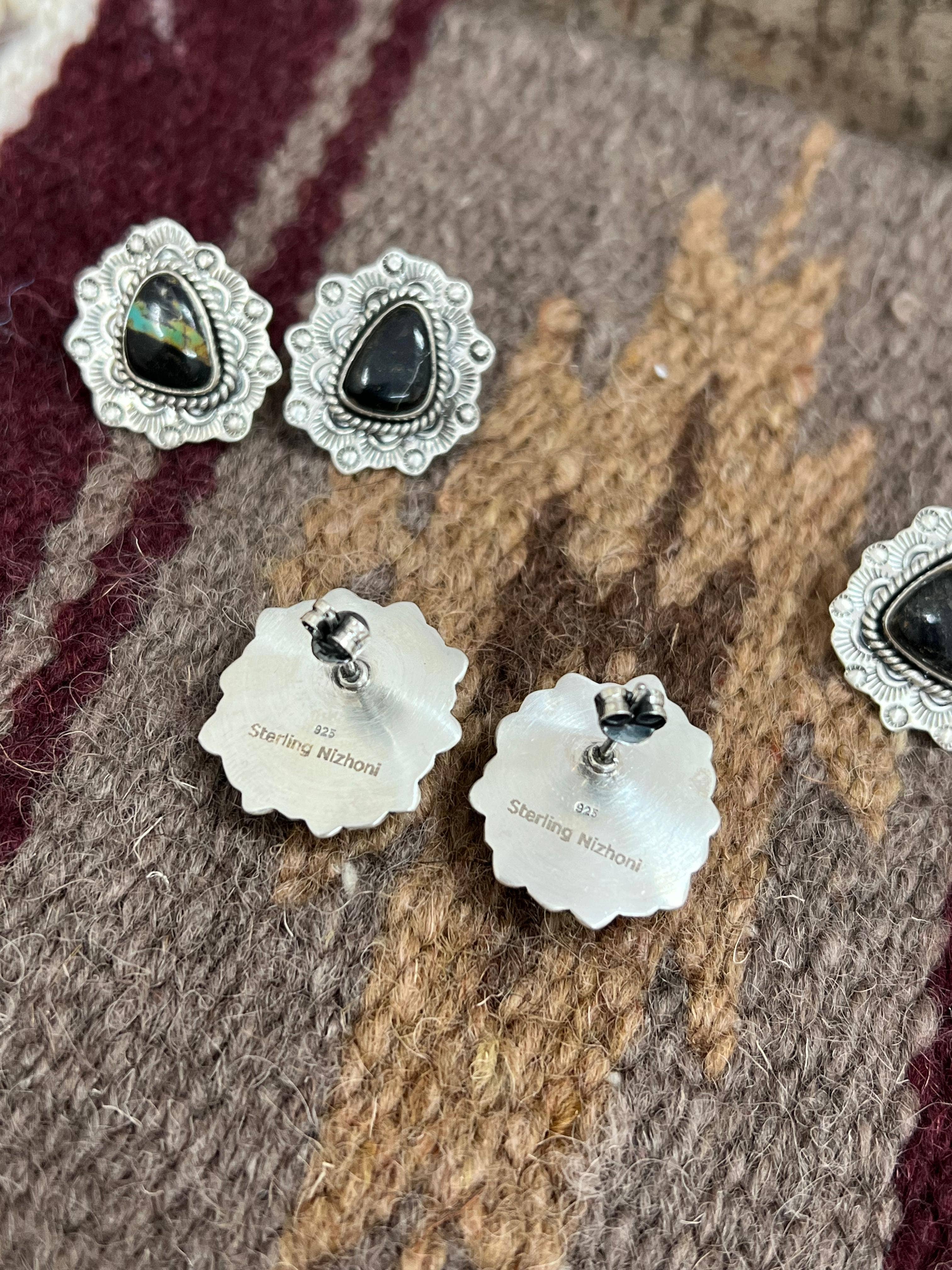 Nizhonitradersllc - Wholesale Stud/Post Earrings - Handmade Sterling Silver Black Jack Post Earrings with Signed Nizhoni3