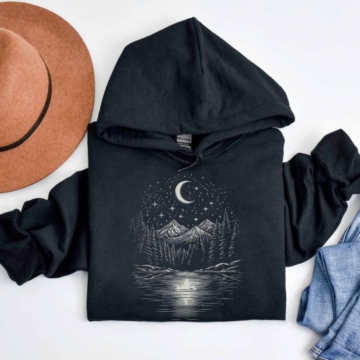Celestial Mountain Hoodie | Graphic Nature Hoodie for wholesale by Sisterly Gifts Shop