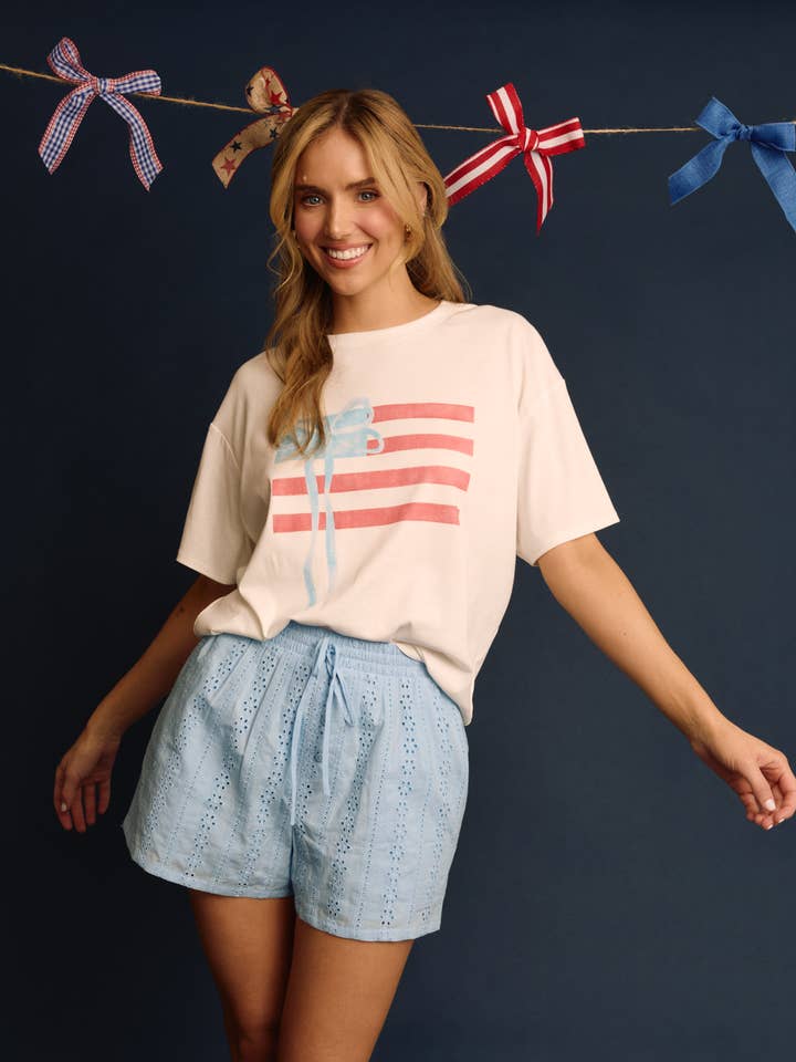 White ROUND NECK USA FLAG SCREEN PRINT T-SHIRT for wholesale on Faire