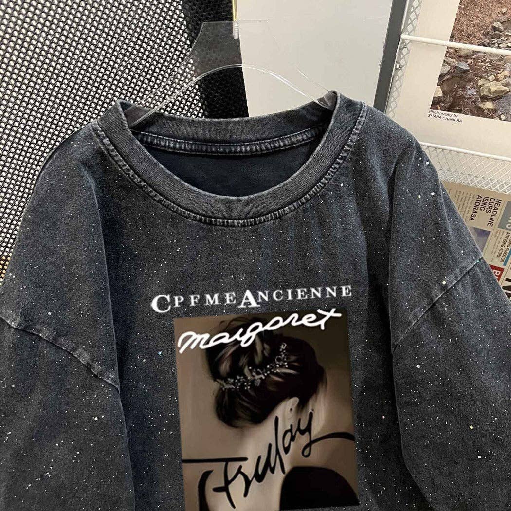 Preto Teesher - T-shirt Oversized com Estampa de Estrela Desgastada para venda a revendedores na Faire2