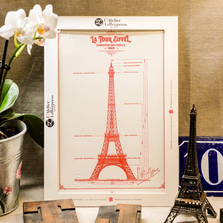 Letterpress Art Print Blueprint of the Eiffel Tower (Paris) for wholesale by L'Atelier Letterpress